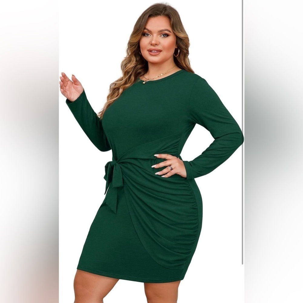 Plus Size Sexy Wrap Dress Wedding Guest Long Sleeve Midi Tie Knot Front